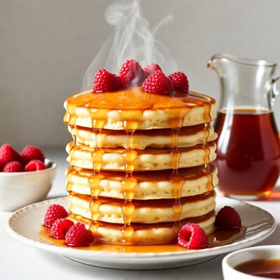 Stack of Pancakes with Raspberries and Maple Syrup