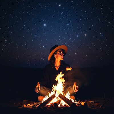 Woman meditating by campfire under starry sky