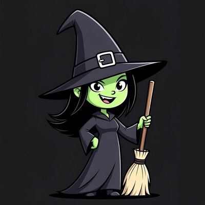 Cartoon green witch girl with broom