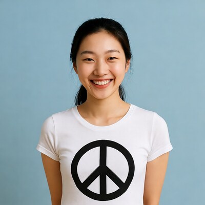 Asian woman smiling in peace symbol t-shirt