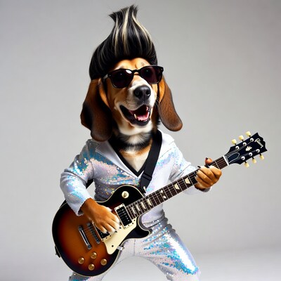 Beagle dog rockstar playing guitar