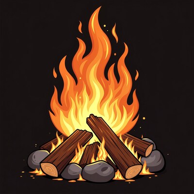 Cartoon Campfire Burning on Black Background