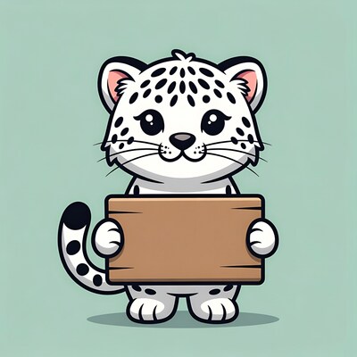 Cute snow leopard holding sign
