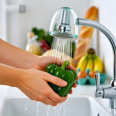 Woman washing green bell pepper