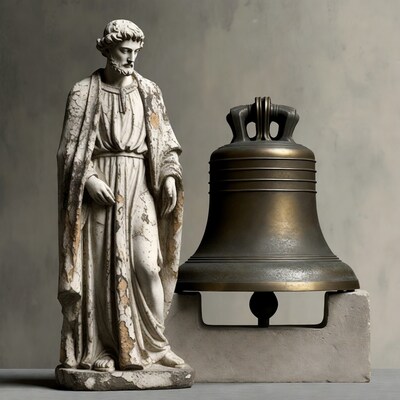 Jesus Statue Beside Bronze Bell