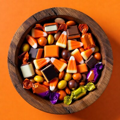 Halloween Candy Corn in Wooden Bowl