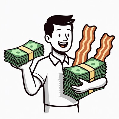 Man holding cash and bacon