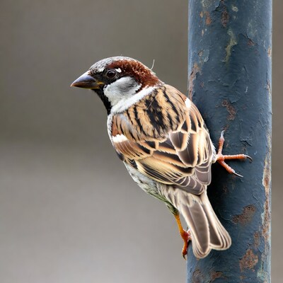 House sparrow perched on rusty pole