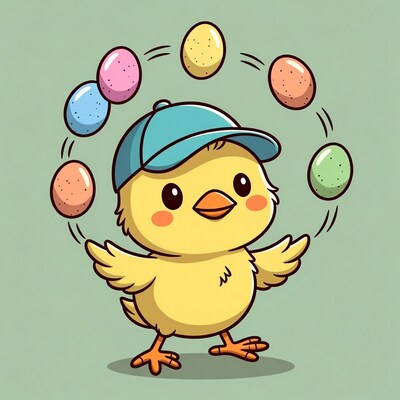 Cartoon Chick Juggling Easter Eggs