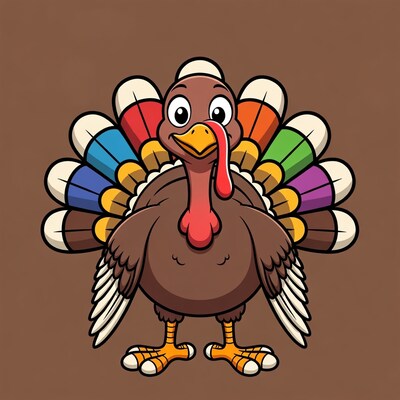 Cartoon Turkey with Rainbow Feathers