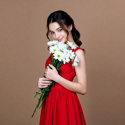 Girl holding white daisies in red dress
