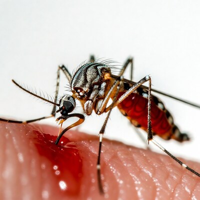 Mosquito biting human skin