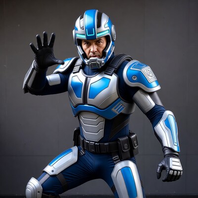 Asian man in blue futuristic armor
