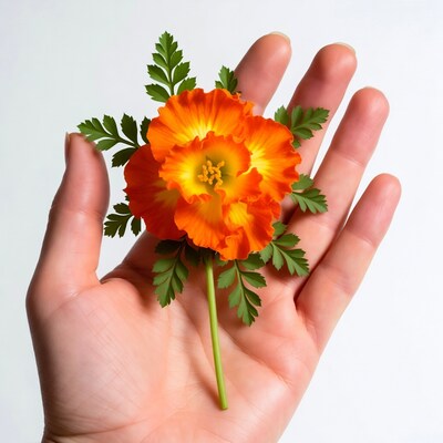 Hand holding orange calendula flower