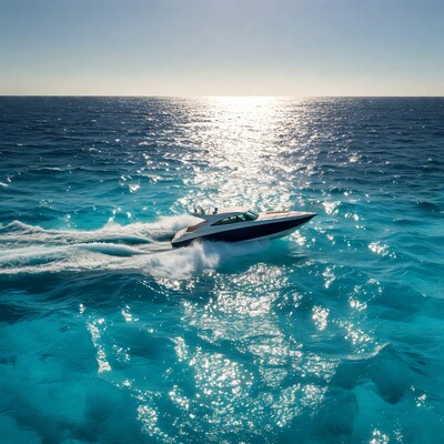 Speedboat racing on turquoise ocean