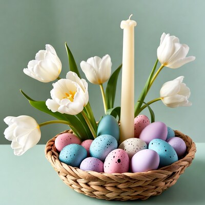 Easter Basket with Tulips and Eggs
