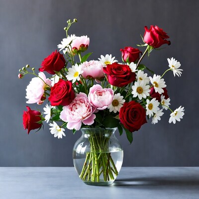 Red Roses Pink Peonies Daisies in Glass Vase