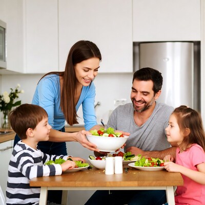 Family eating salad at kitchen table