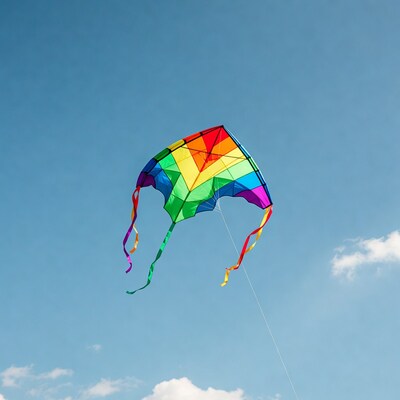 Rainbow Kite Flying in Blue Sky