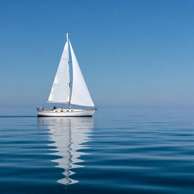 White sailboat reflecting on calm sea