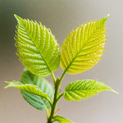 Fresh serrated green leaves on stem