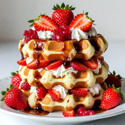 Waffles with strawberries and whipped cream