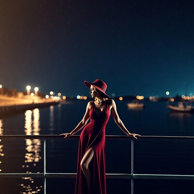 Woman in red dress on dock at night