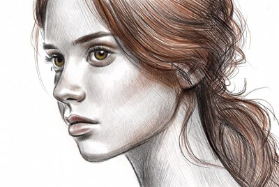 Pencil sketch of woman with green eyes