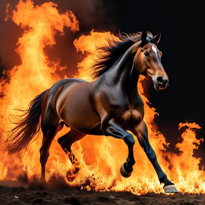 Bay Horse Galloping Through Flames