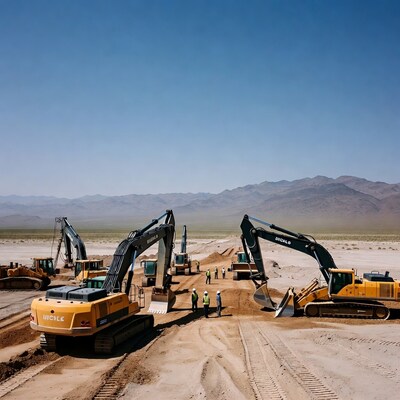 Construction workers with excavators in desert