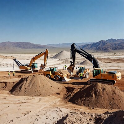 Construction workers operating excavators in desert