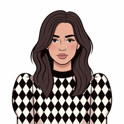 Asian woman in houndstooth blouse illustration