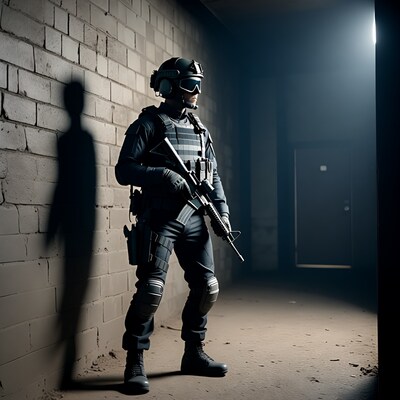 SWAT soldier in dark brick corridor