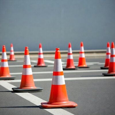Orange traffic cones on asphalt