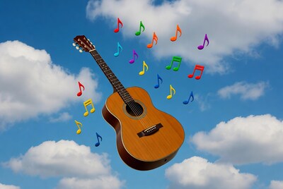 Acoustic Guitar with Floating Music Notes