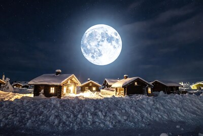 Full Moon Over Snowy Log Cabins