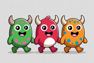 Three Cute Cartoon Monsters Walking
