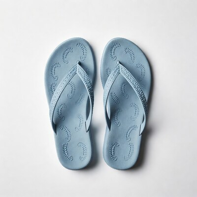 Blue flip flops with footprint pattern