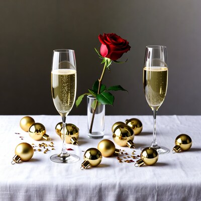 Champagne Glasses with Red Rose and Gold Ornaments