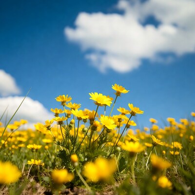 Yellow Daisies in Field Under Blue Sky