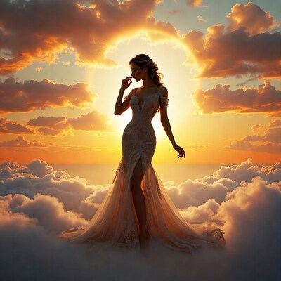 Woman in lace gown with sunset clouds