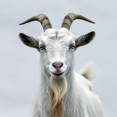 White goat with curved horns