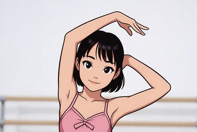 Anime girl stretching in pink leotard