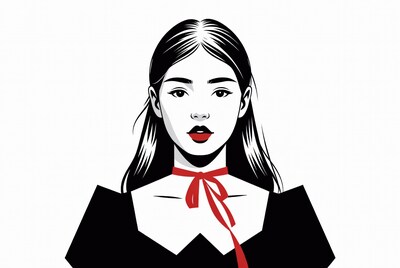 Asian woman with red ribbon choker