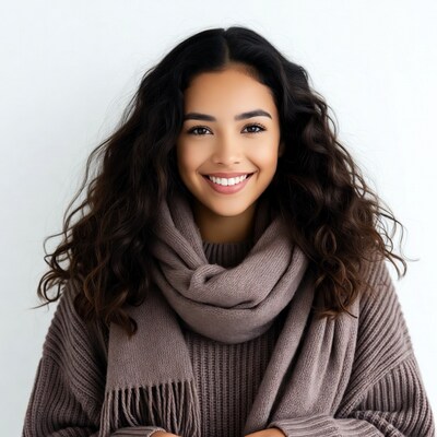 Smiling woman in gray scarf