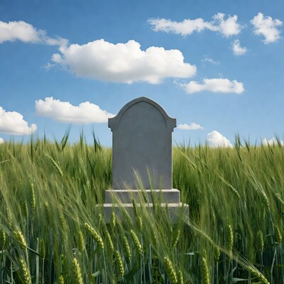 Blank gravestone in wheat field