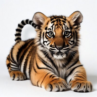Cute tiger cub lying on white background