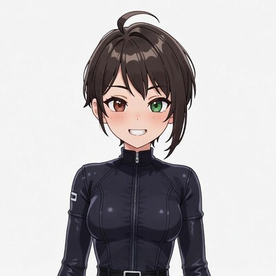 Anime girl in black bodysuit smiling