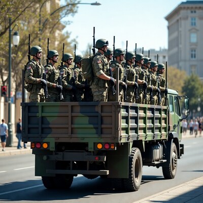 Soldiers standing on military truck