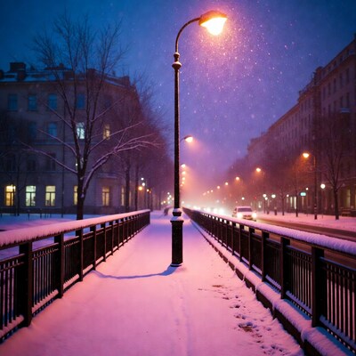 Snowy Bridge with Streetlights at Night